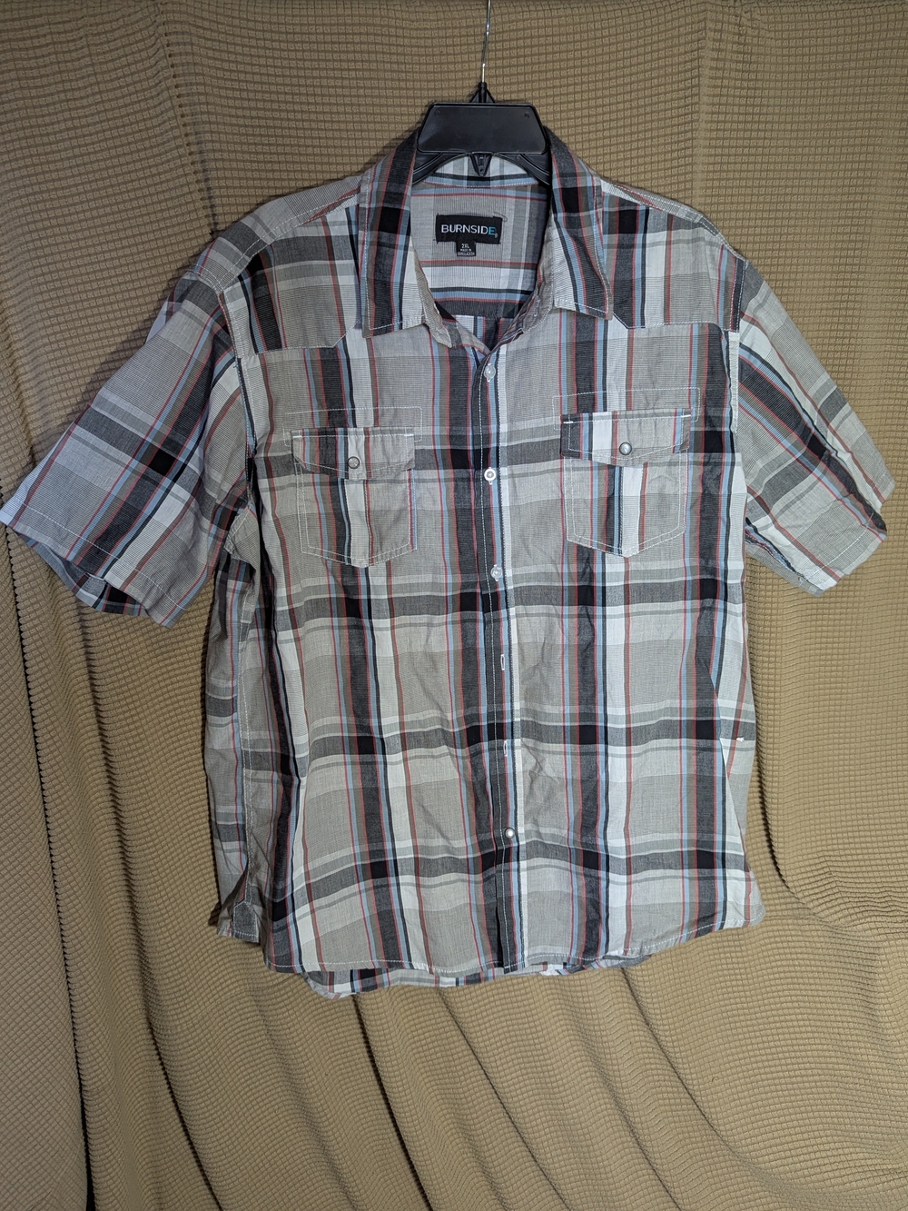 Burnside Men's Short-Sleeve Plaid Button-Up Shirt - Gray/Tan/Black